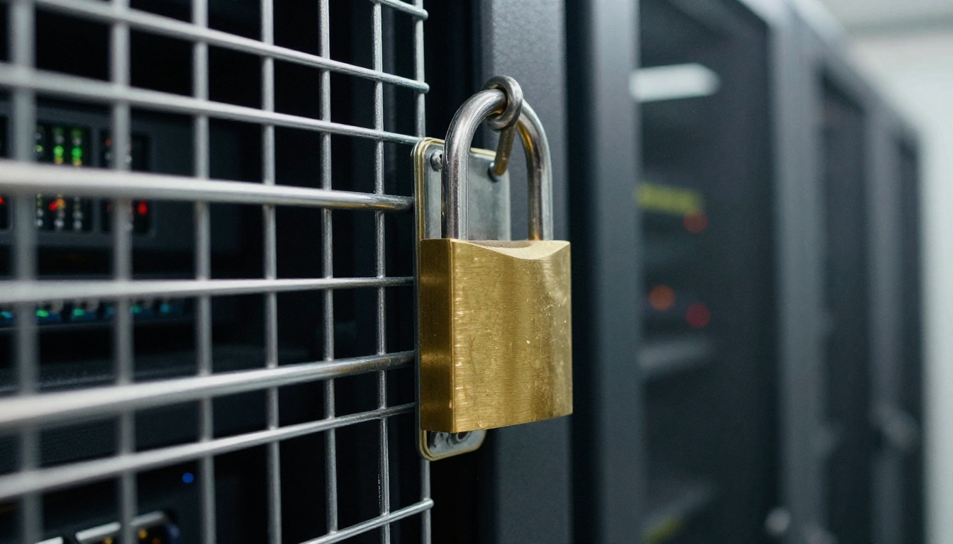 A brass padlock clamped on a steel mesh door in a quiet data center aisle