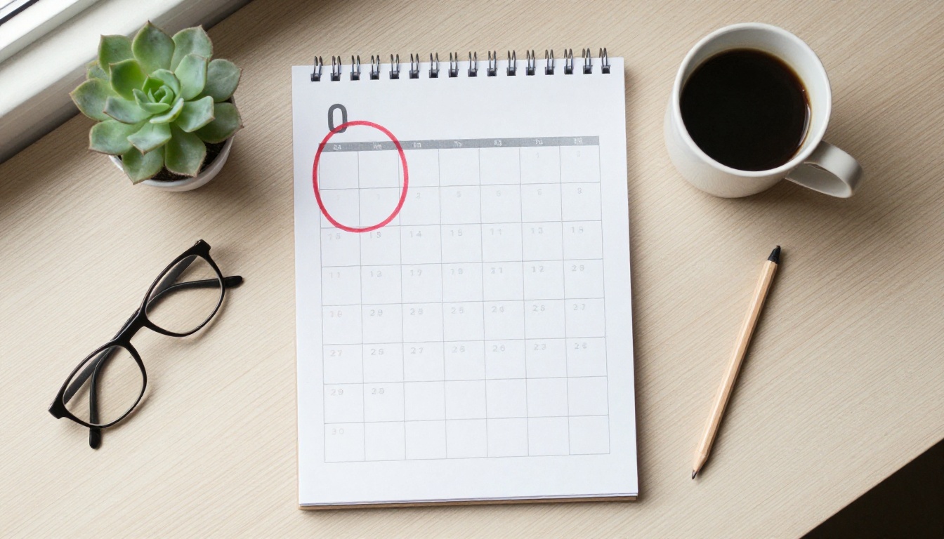 A paper desk calendar with one square circled in red pencil next to a cup of coffee