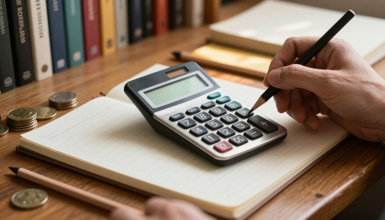 A calculator, a short stack of coins and a notebook with pencil columns on a linen desk