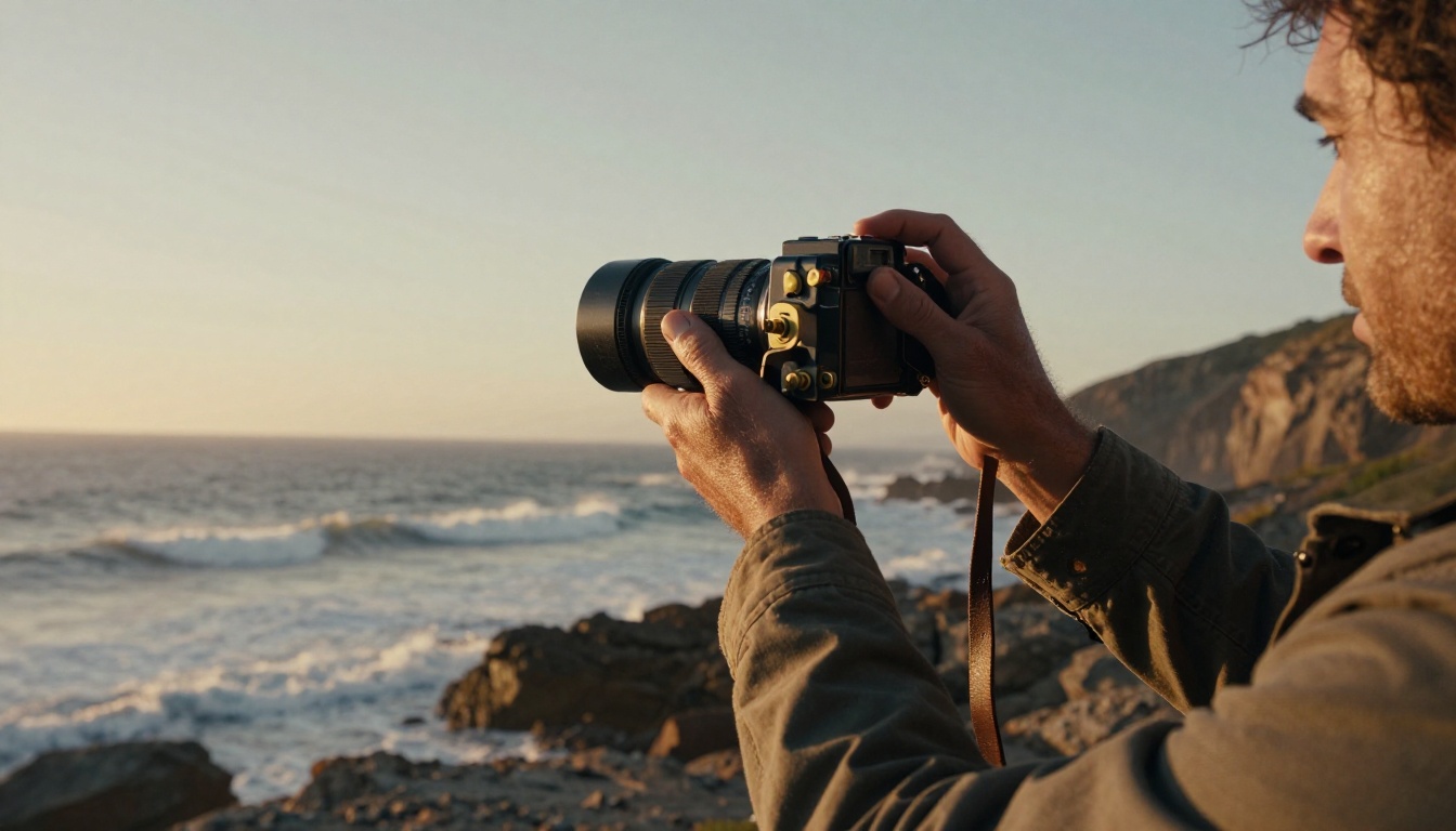 A cinematographer's weathered hands holding a director's viewfinder toward a coastal cliff at golden hour