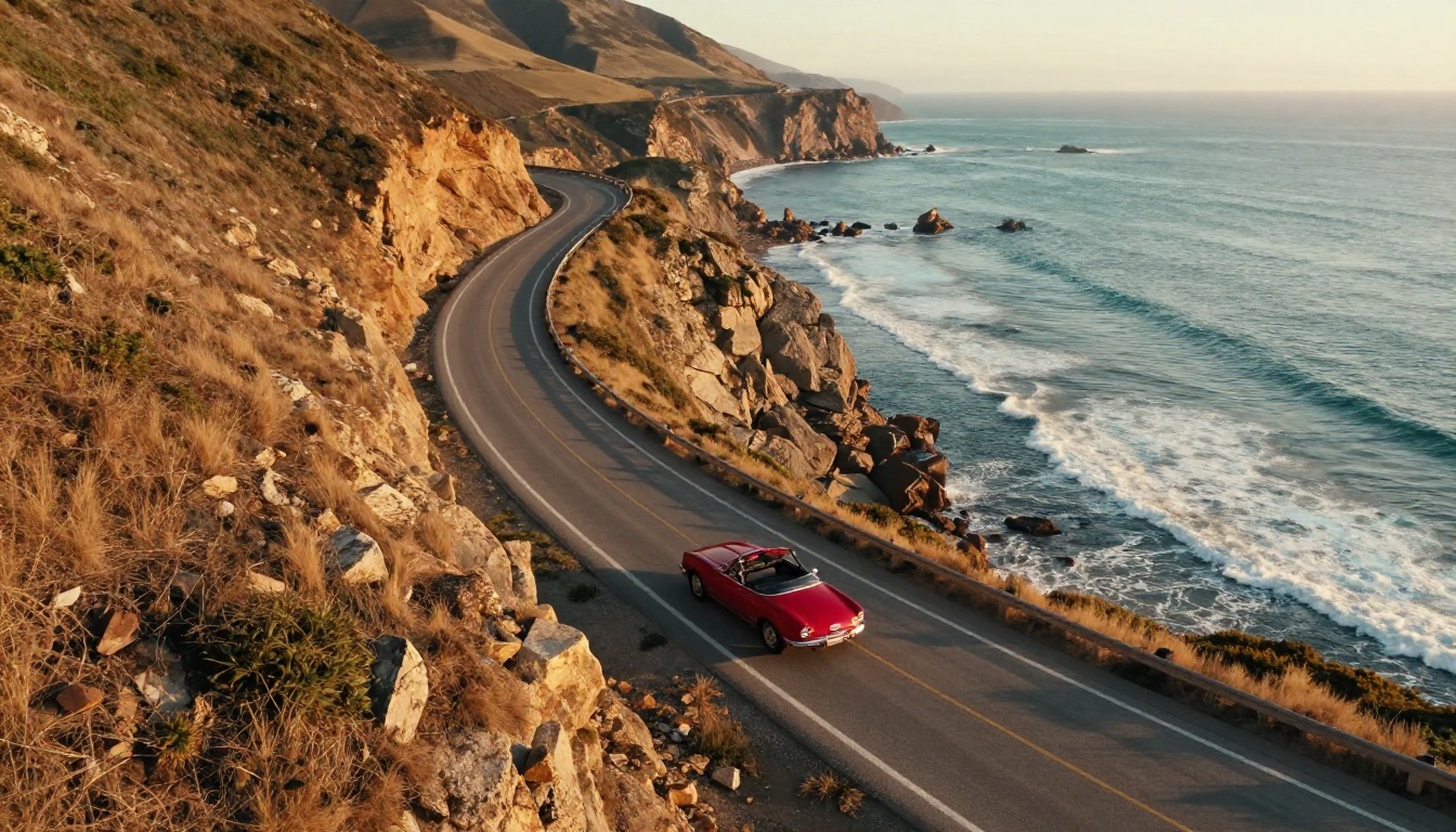 An aerial view of a winding coastal highway with a red convertible at sunset
