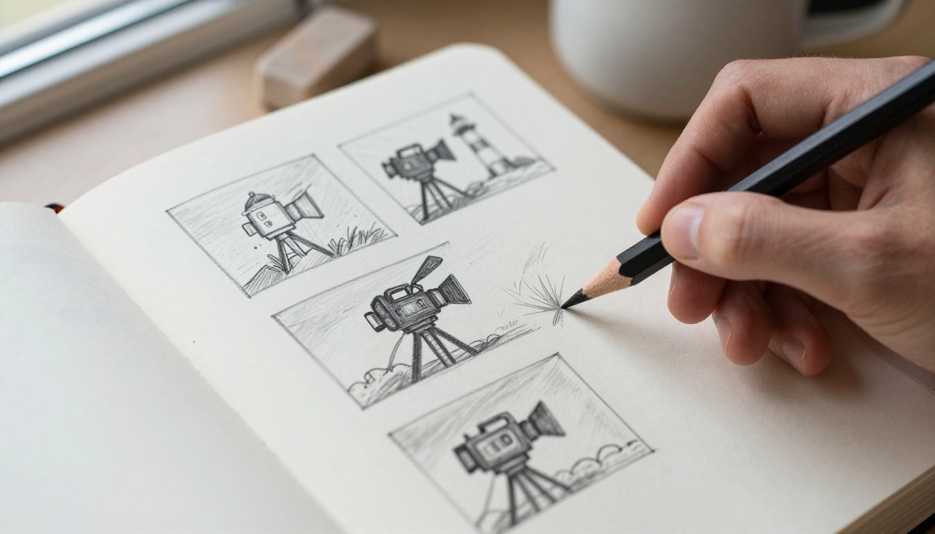 A hand sketching three storyboard panels of a camera moving toward a lighthouse