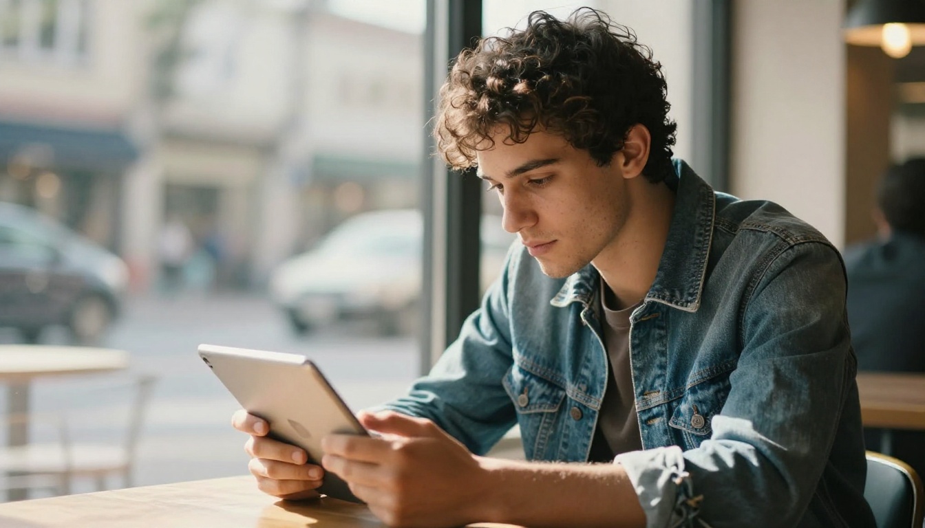 A young man in a denim jacket looking at a tablet in a sunlit cafe, a good first frame for animation