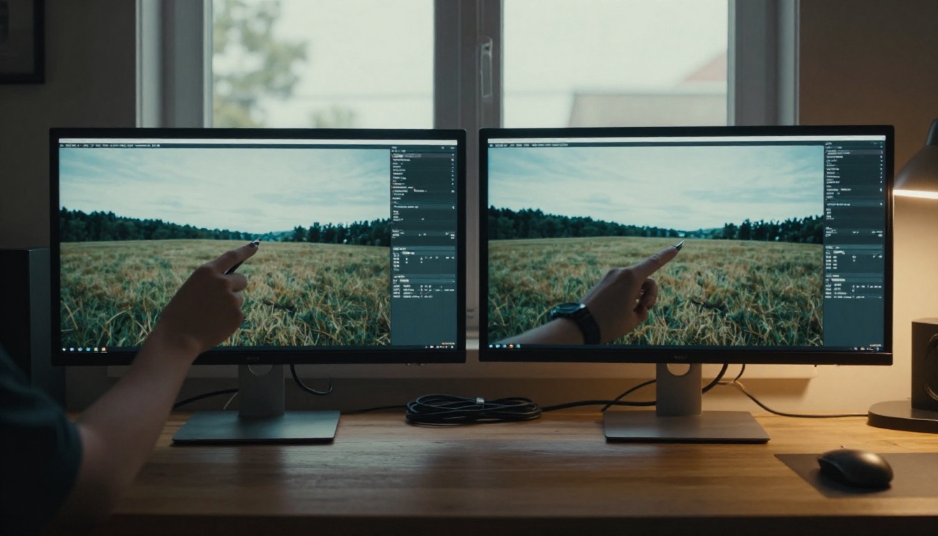 Two matching monitors side by side on a wooden desk in a dim editing room