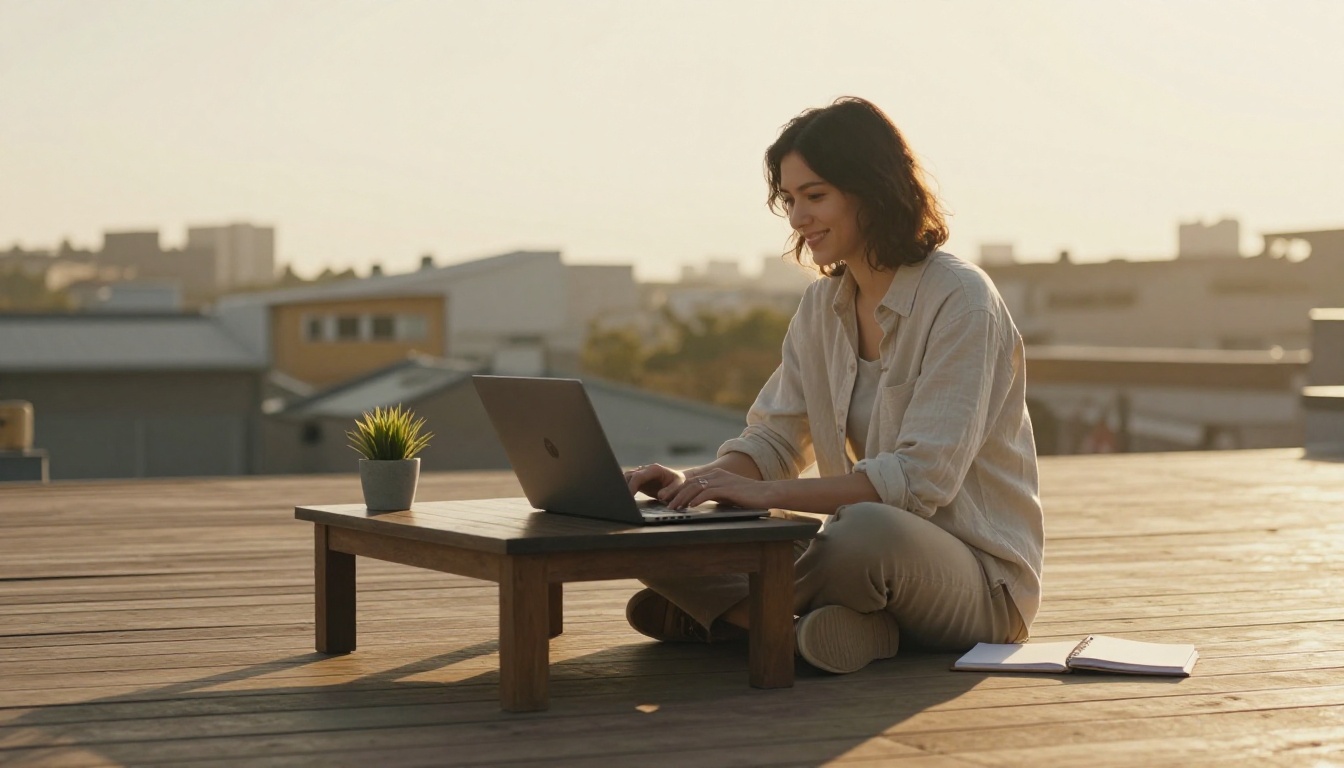 A creator sitting on a wooden rooftop terrace at golden hour with an open laptop