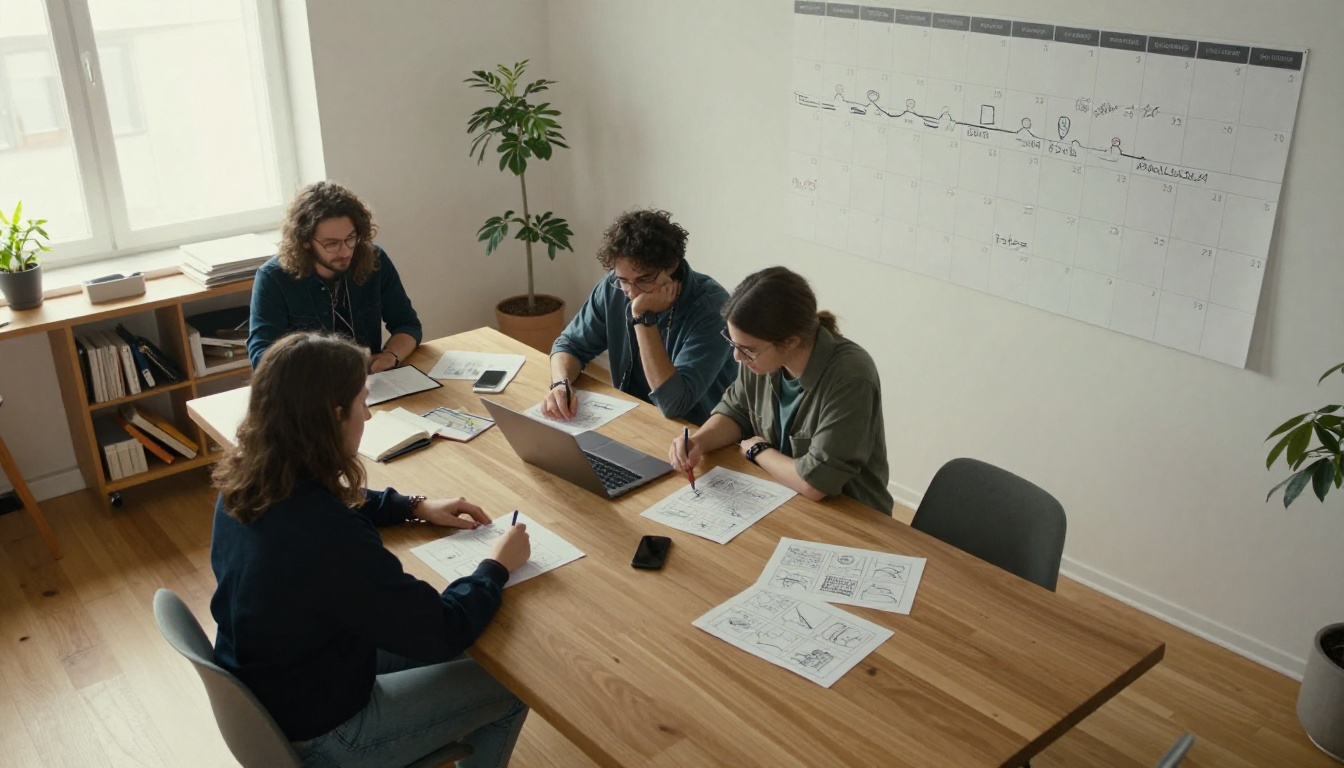 A planning table in a bright studio with a hand-drawn launch timeline pinned to the wall