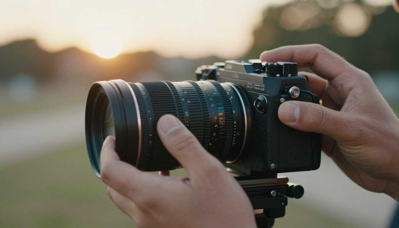 Close-up of a filmmaker's hands adjusting a cinema lens at golden hour