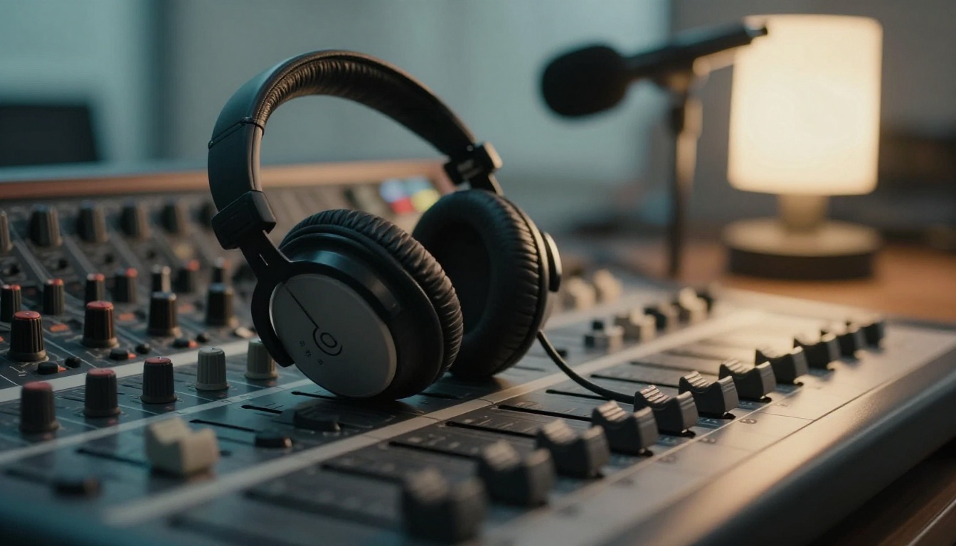 A sound engineer in studio headphones at a mixing desk