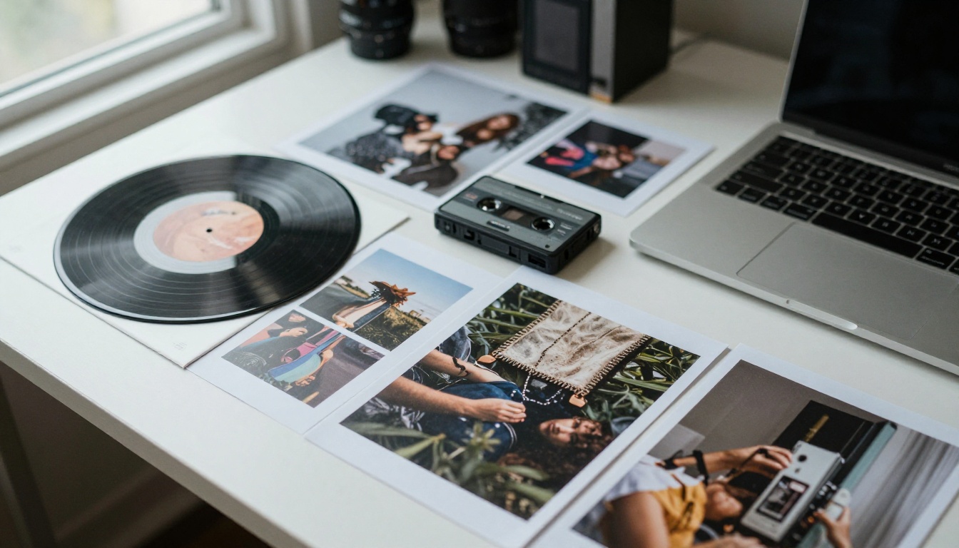 A designer's desk piled with photographs, fabric swatches, and a cassette recorder arranged as a mood board