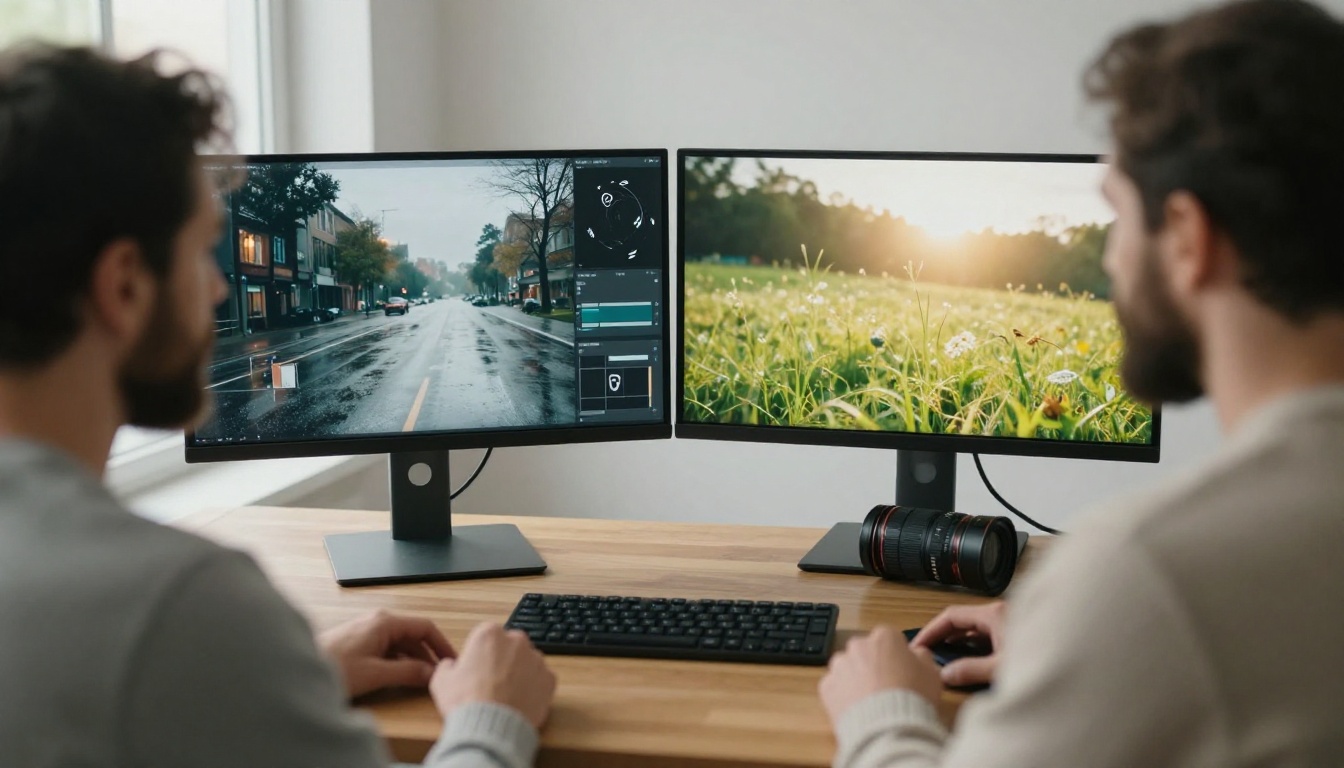 Video editor comparing two paused clips on a dual-monitor desk in a bright loft studio