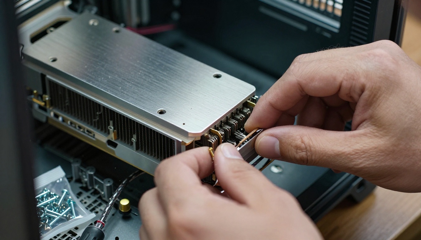 Technician's hands lifting a graphics card out of an open PC case on a steel workbench