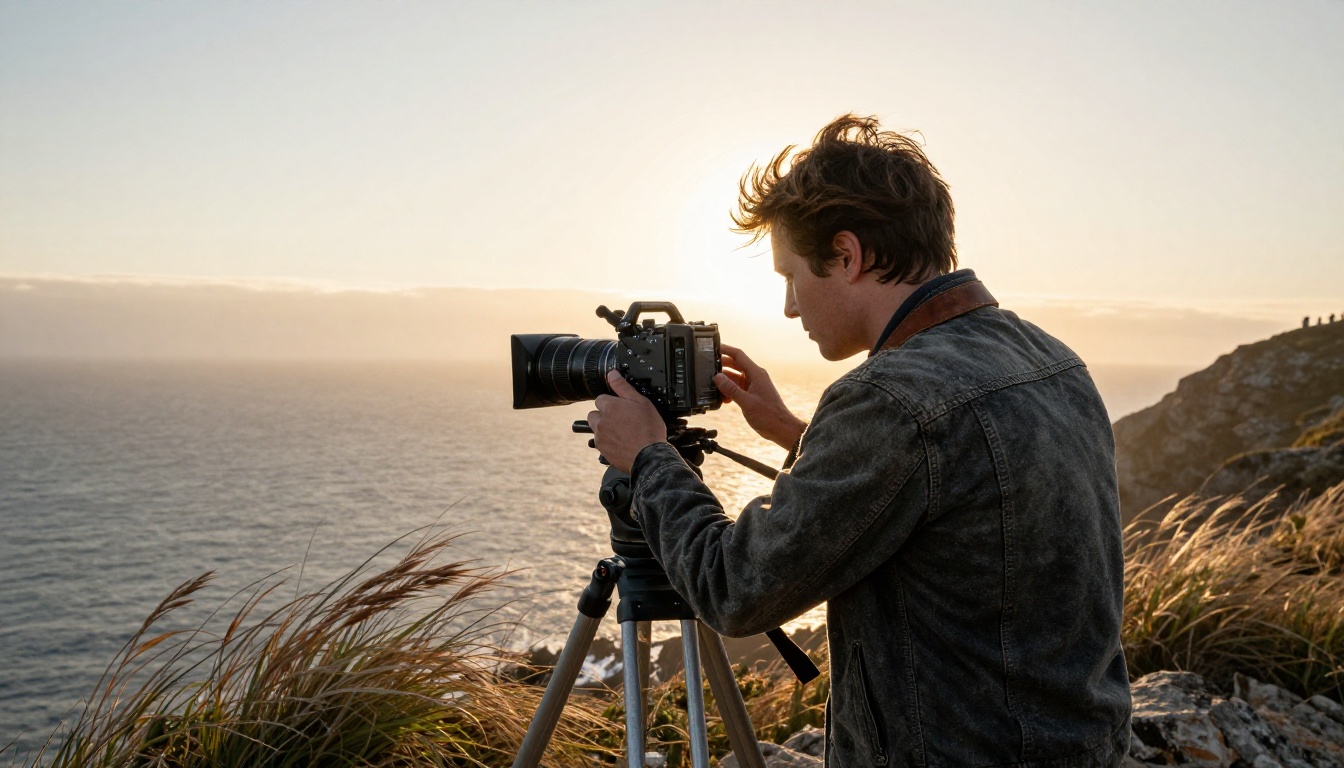 Cinematographer adjusting a cinema camera on a tripod at a coastal cliff during golden hour