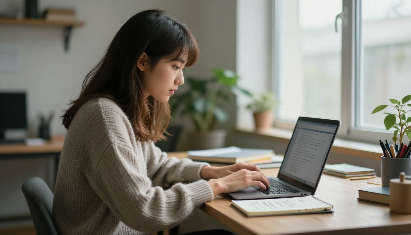 A young woman typing a detailed scene description on a laptop in soft window light