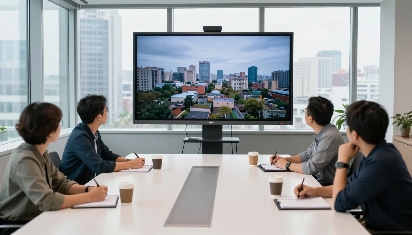 Team of colleagues reviewing paused footage on a large wall display in a glass meeting room