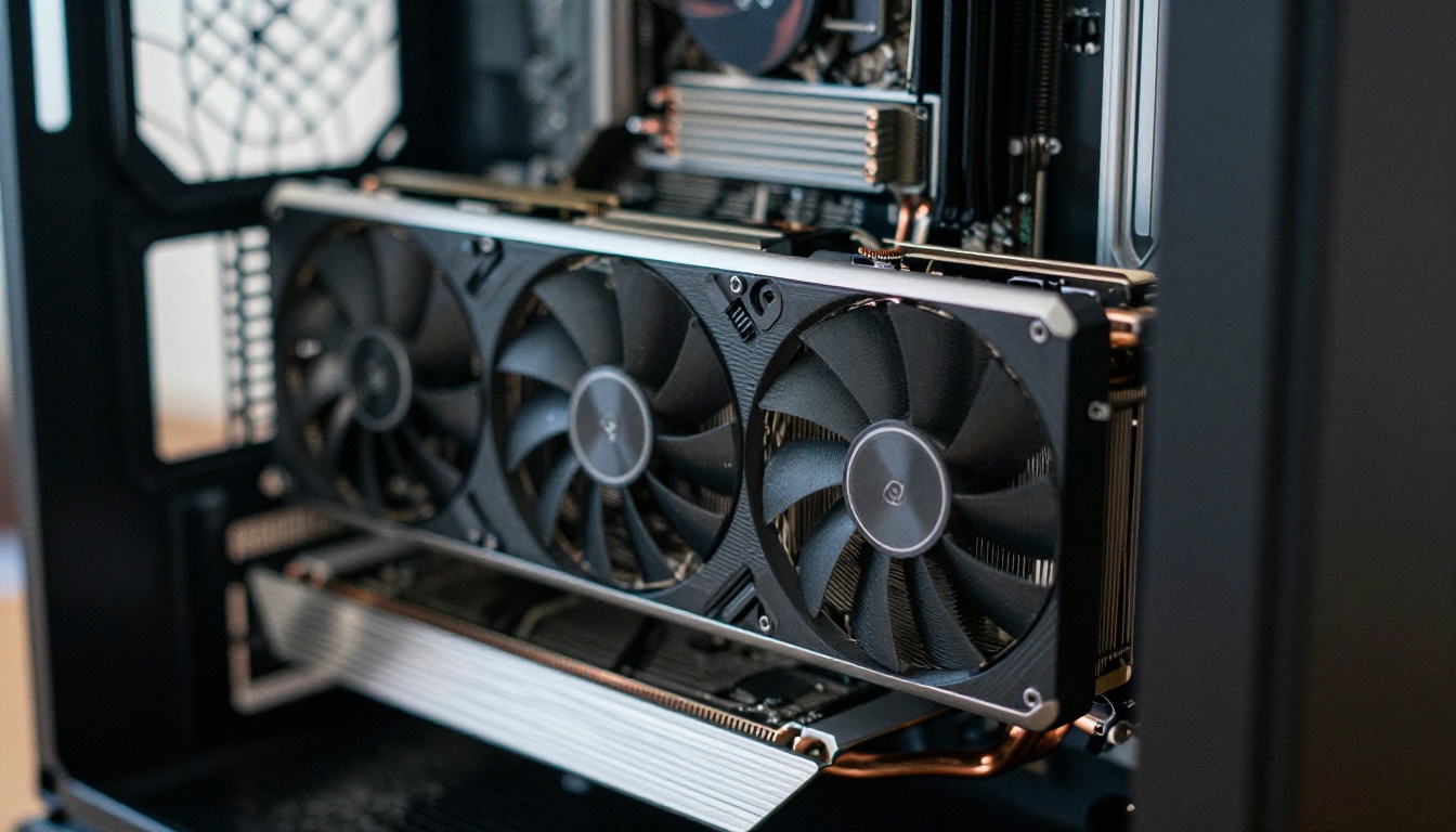 Graphics card with three black fans installed in an open PC case