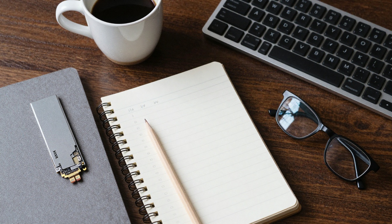 Slim NVMe drive on a walnut desk next to a notebook and coffee cup