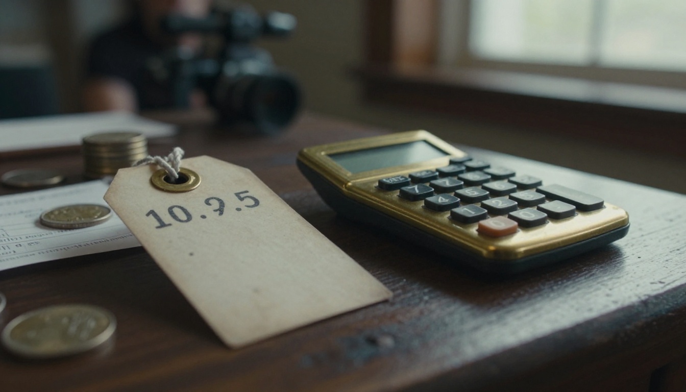 A brass calculator, coins, and a paper receipt on a dark wooden counter