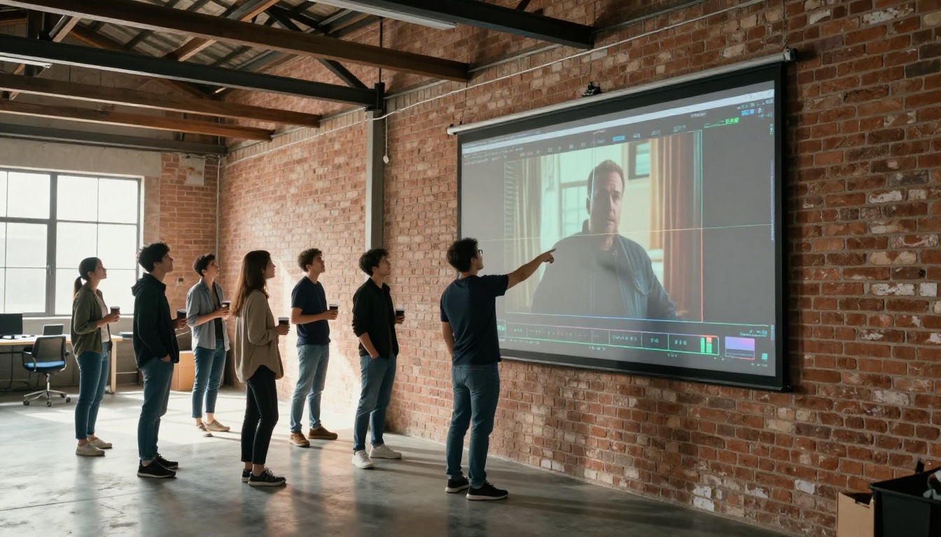 A small production team reviewing a looping video clip on a wall-mounted monitor