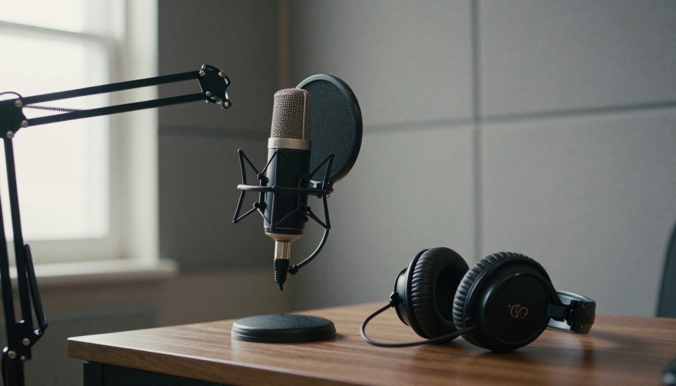 Condenser microphone and studio headphones in a voice-over room