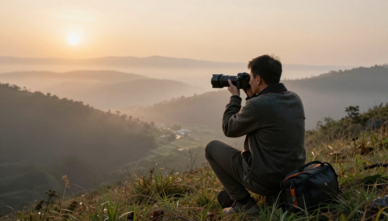 A photographer holding a camera toward a misty valley at sunrise
