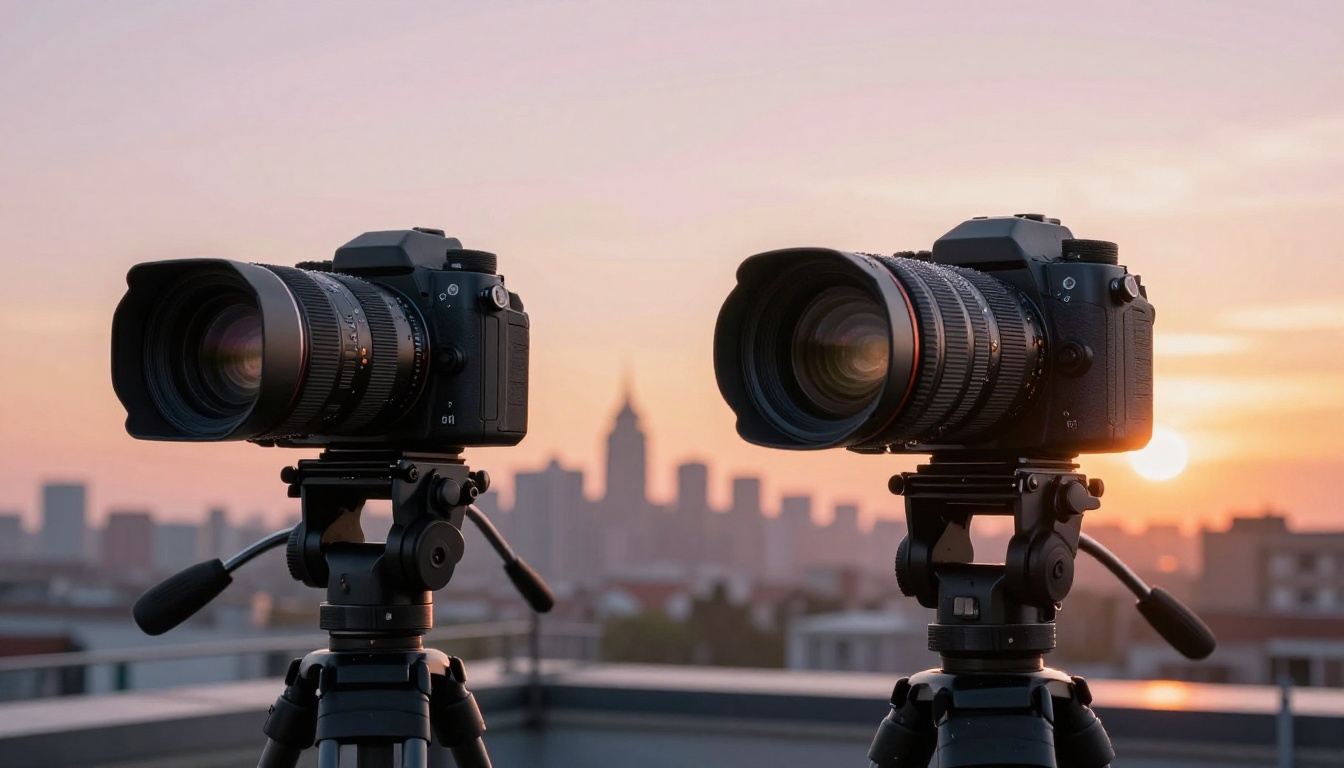 Two cinema cameras on matching tripods pointed at a city skyline at sunrise