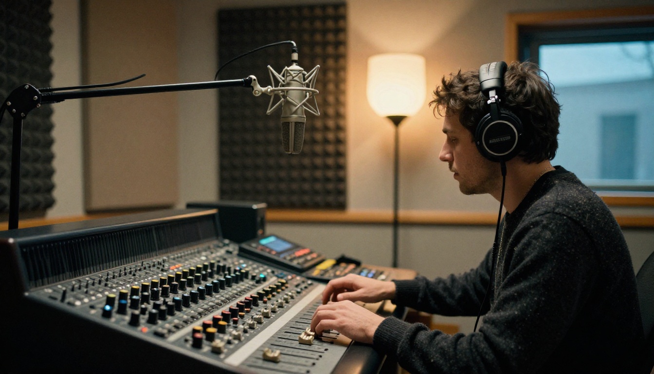 Sound engineer in headphones at a mixing desk in a treated recording room