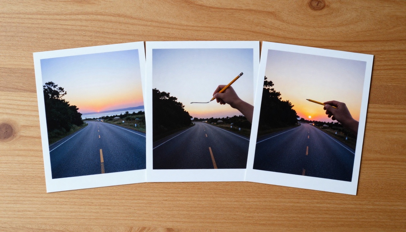 Two printed photographs of the same road at sunrise and dusk