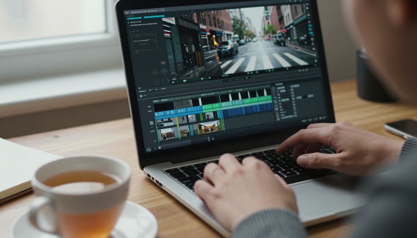 A video editor adjusting a paused rainy crosswalk clip on a laptop