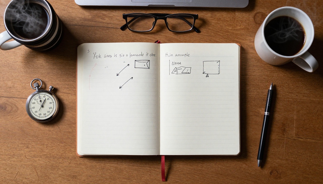 Overhead view of a desk with a notebook, stopwatch, calculator and coffee cup