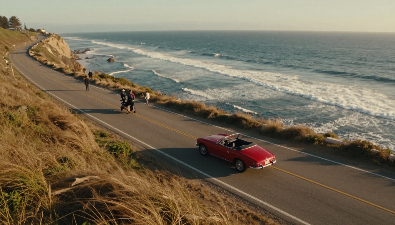 Film crew on a coastal cliff road shooting a vintage red convertible at golden hour