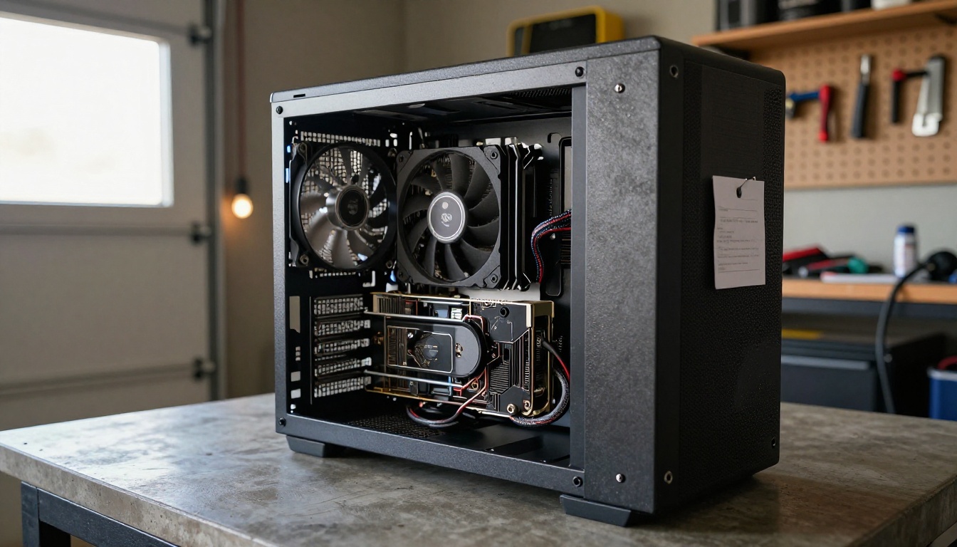 Workstation tower with the side panel removed on a garage workbench