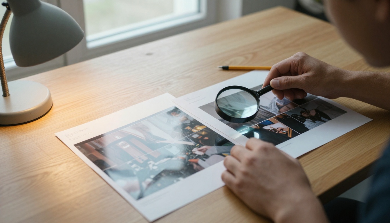 Two colleagues comparing printed video frames side by side with a loupe
