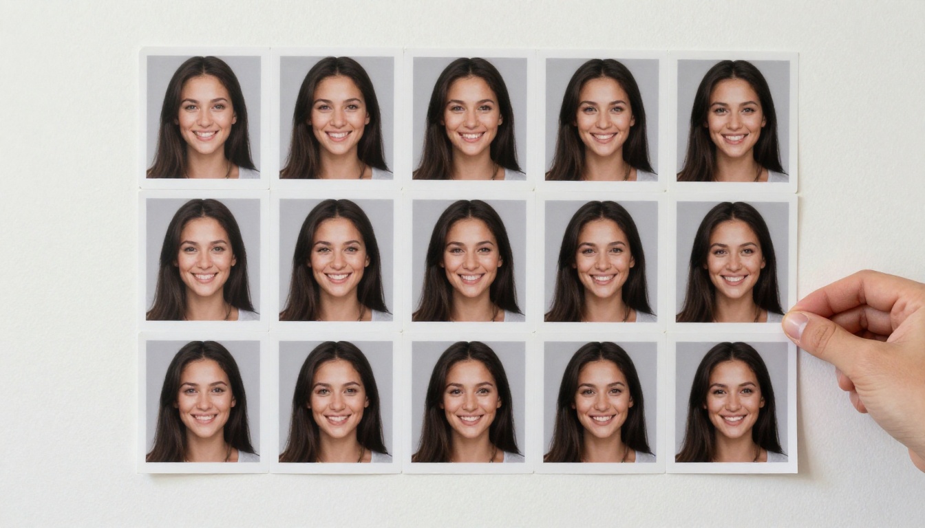 Grid of thirty-two portrait prints taped to a white wall