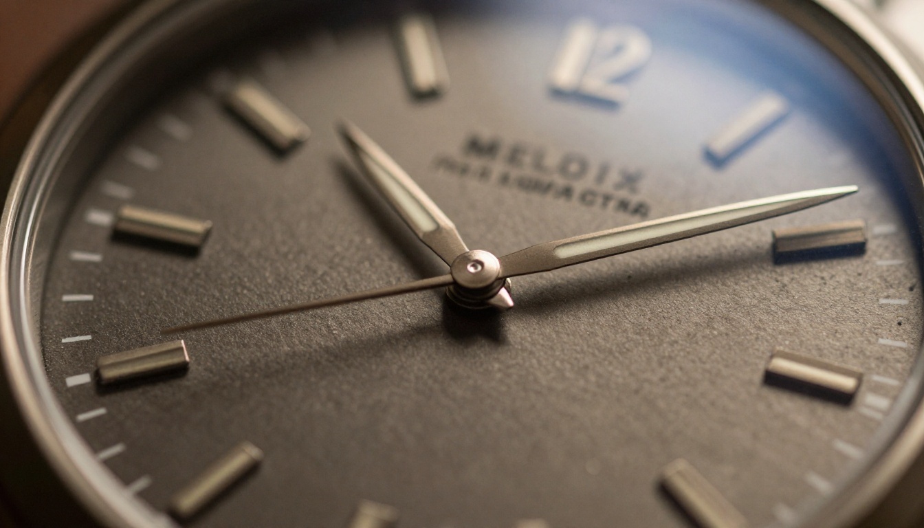 Macro close-up of a wristwatch face showing fine detail and sharp texture