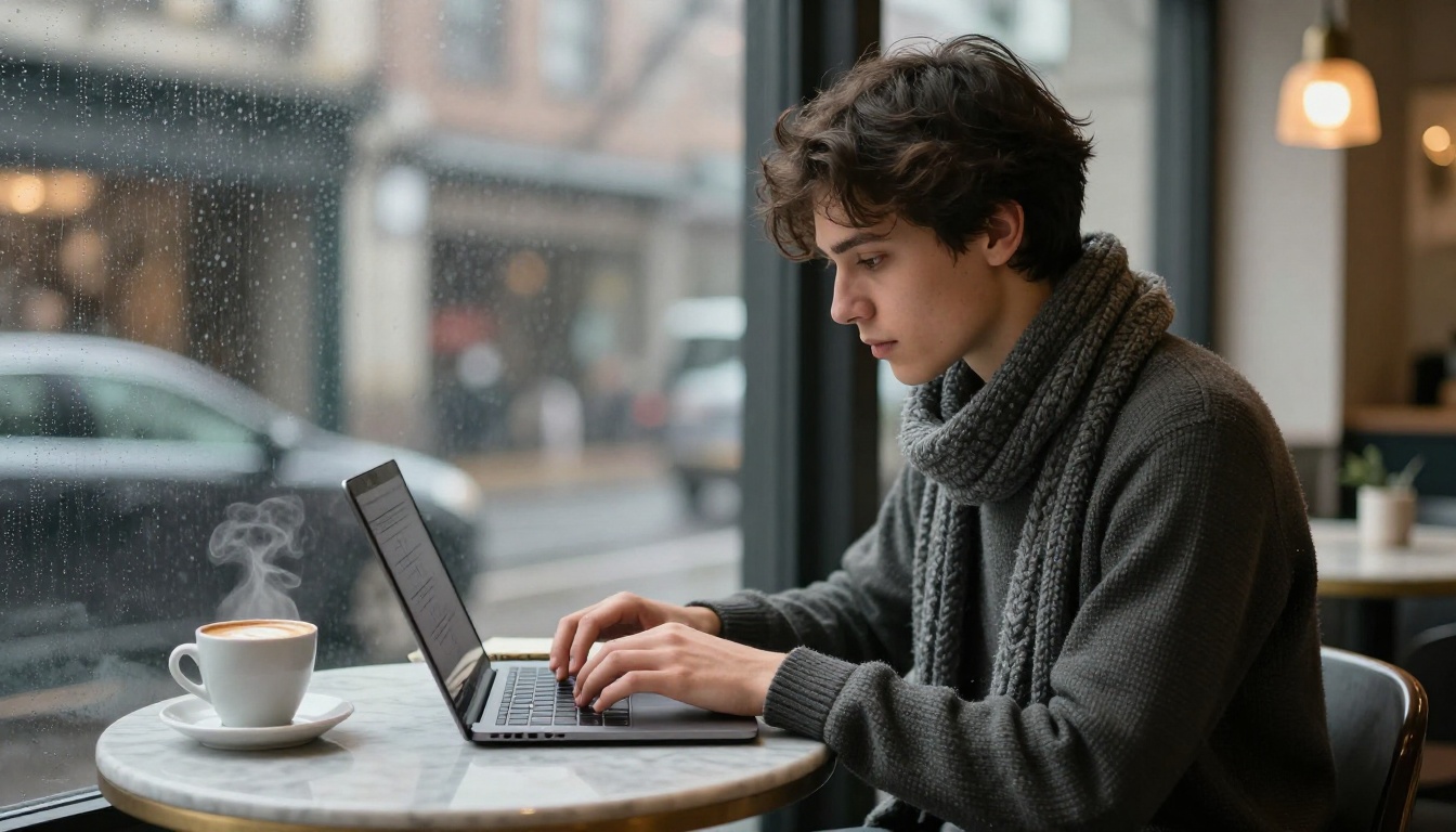 Screenwriter typing prompts on a laptop at a cafe table by a rain-streaked window
