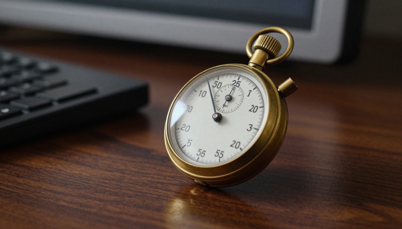 Brass stopwatch on a walnut desk beside a monitor