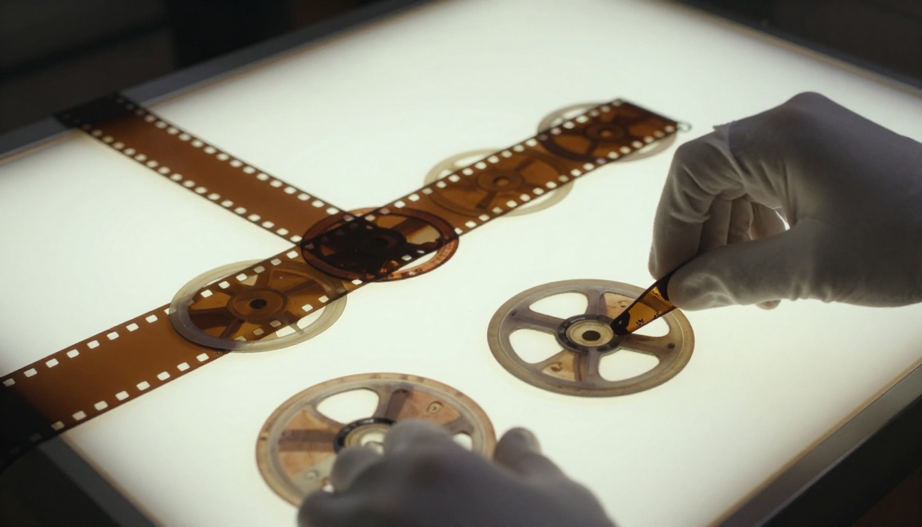 White-gloved hands aligning strips of 35mm film on a light table