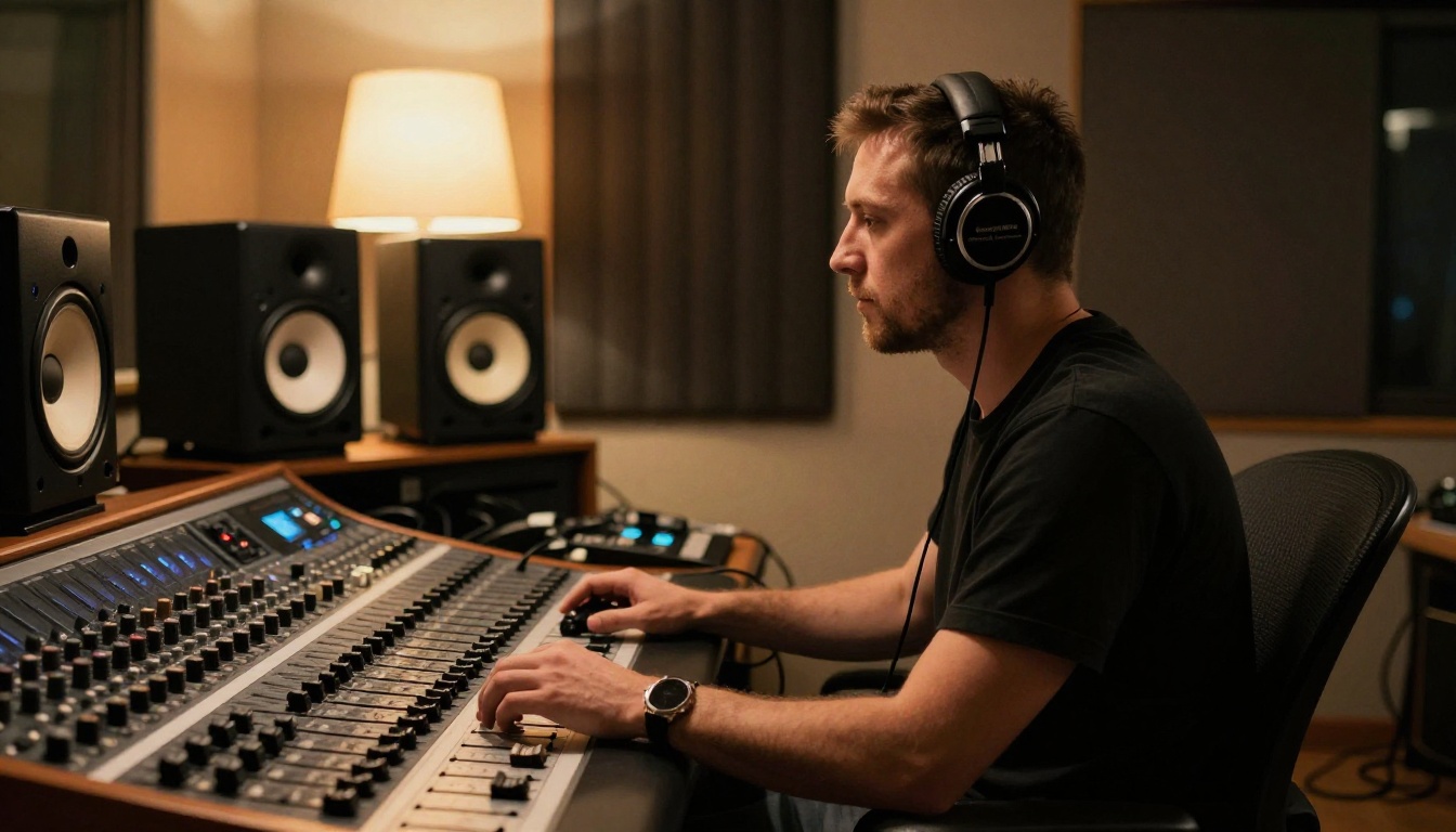 Sound designer with headphones working at an analog mixing console