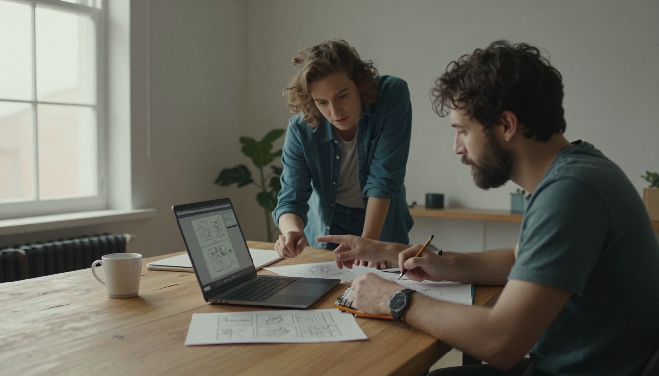 Two colleagues reviewing footage together at a large oak table