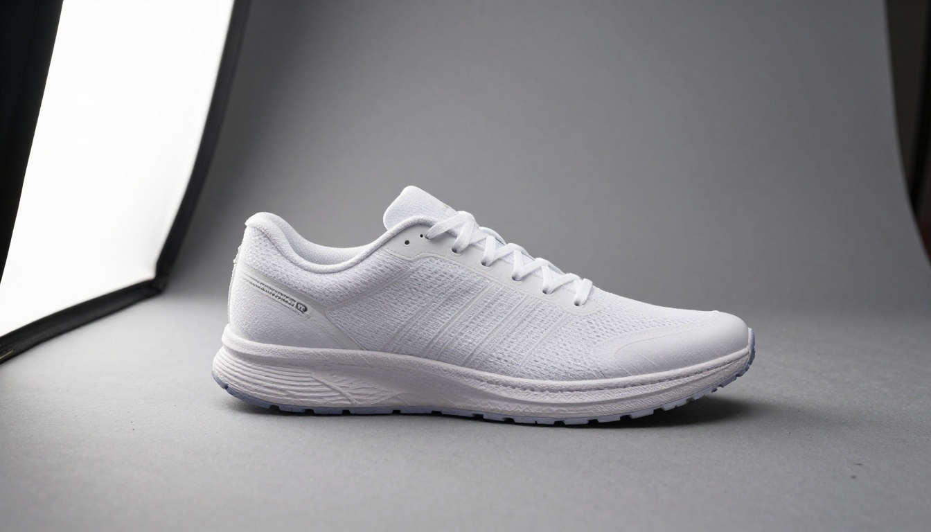White running sneaker photographed from three angles on a gray backdrop