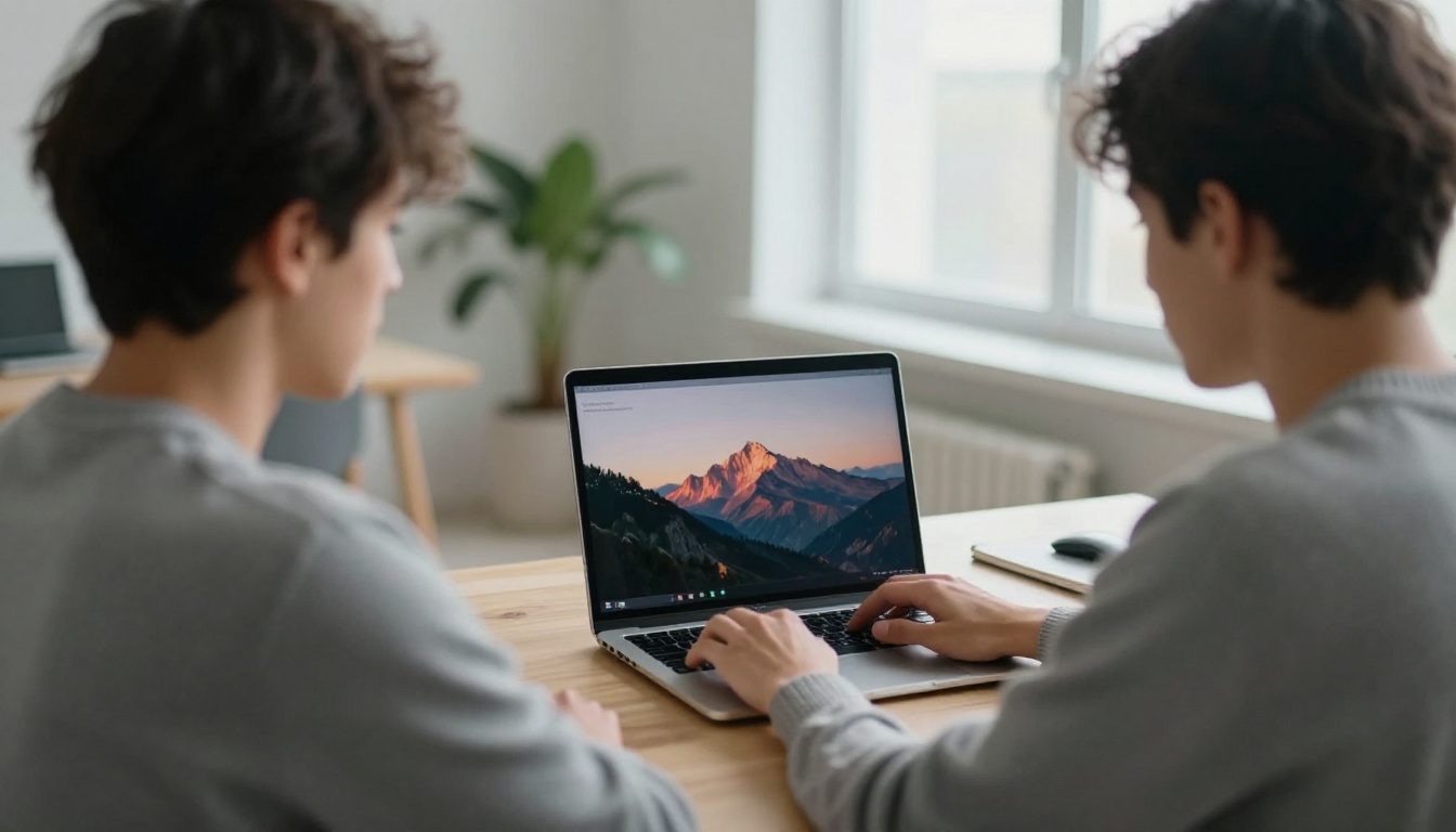 Person typing a video prompt on a laptop in a bright co-working space