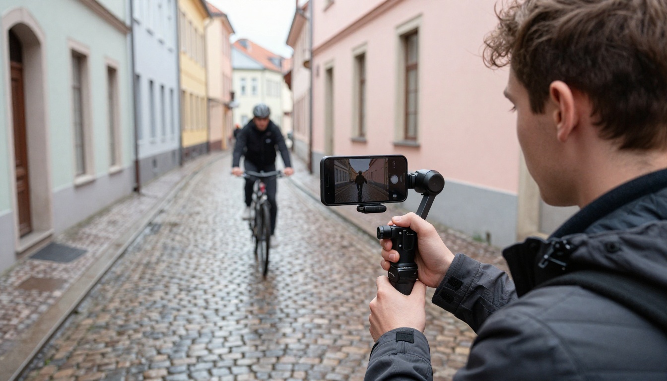 A filmmaker films a cyclist on a gray cobblestone street, the kind of plain source clip Modify can restyle