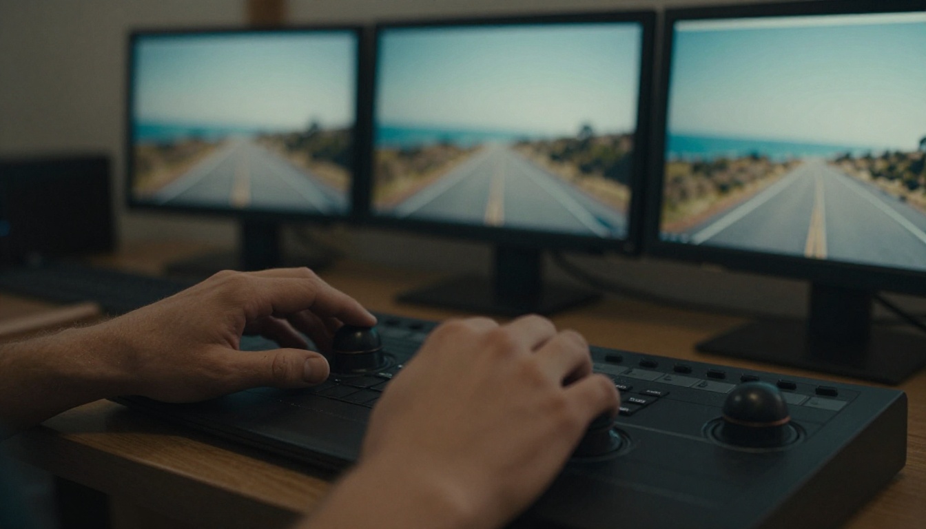 Colorist hands on a grading panel with three monitors showing the same road scene in different looks