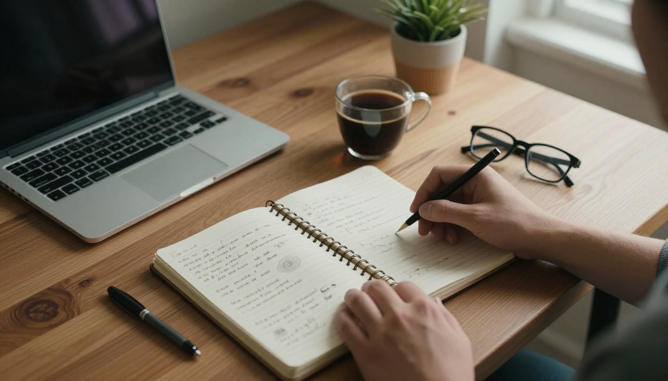 Overhead view of a notebook with shot notes beside a laptop, where restyle prompts get drafted