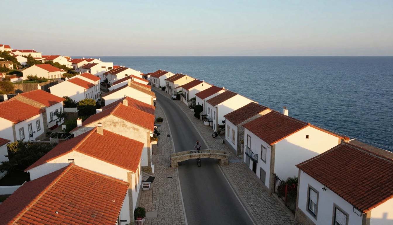 Aerial view of a coastal village street at golden hour with long amber shadows