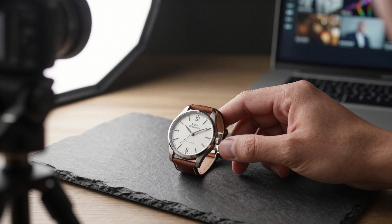 A product photographer lights a leather watch on slate while a clip plays on a laptop