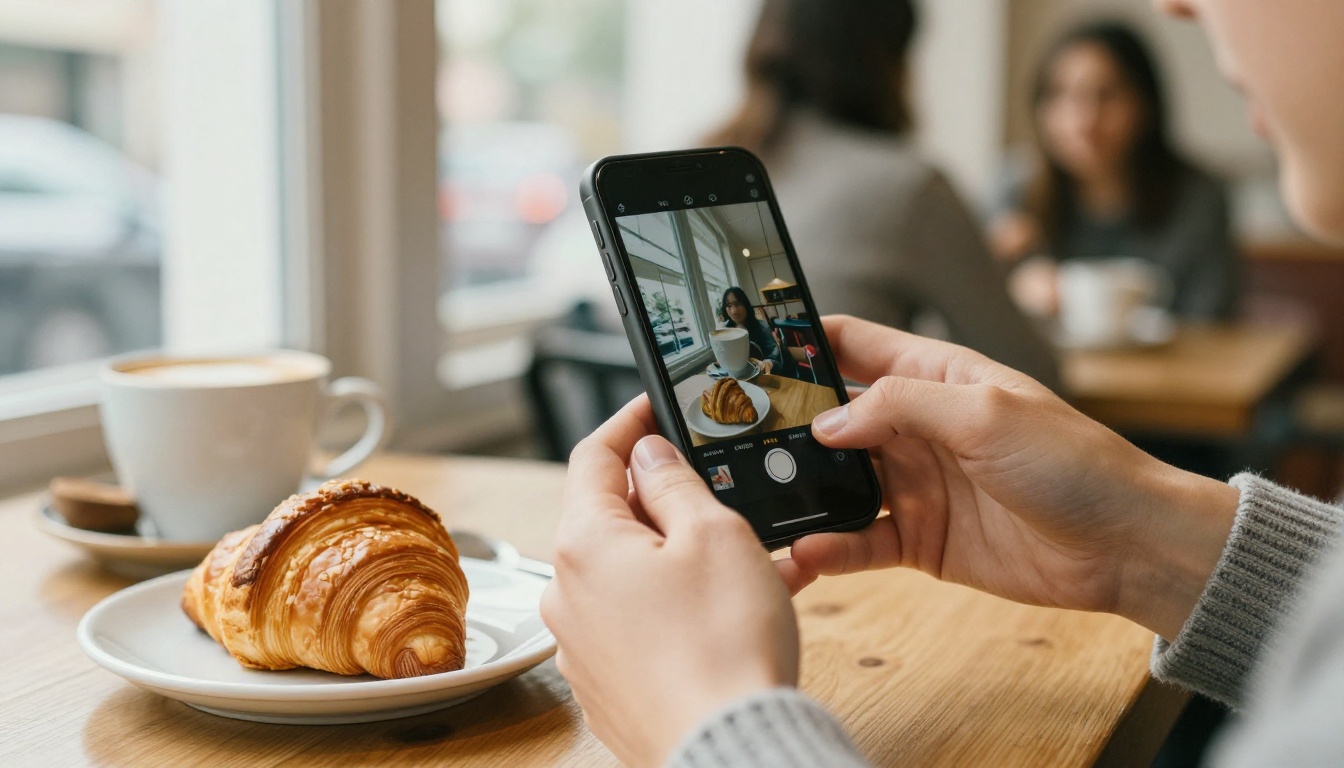 A creator reviews a vertical clip on her phone in a corner café