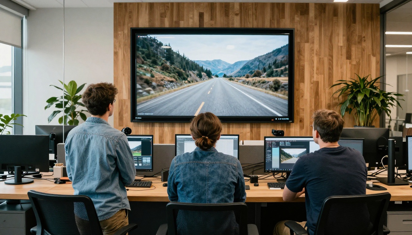 A small team reviews a restyled film frame on a wall monitor