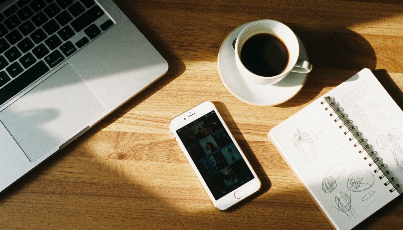 A freelancer's wooden desk seen from above with a laptop, phone and notebook in morning light
