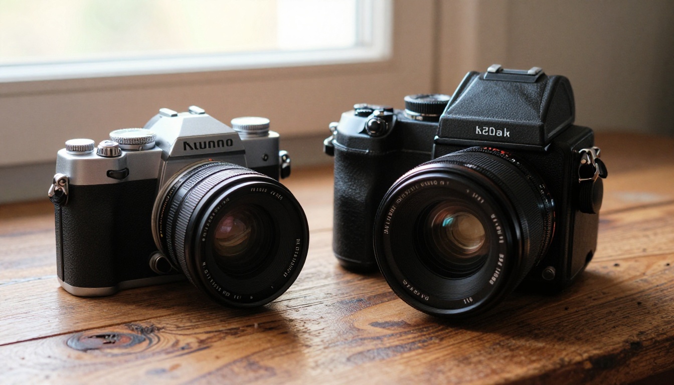 Two cameras side by side on an oak table, a compact one and a heavy medium format body